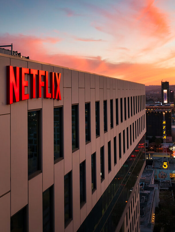 Netflix logo displaying on the side of a building