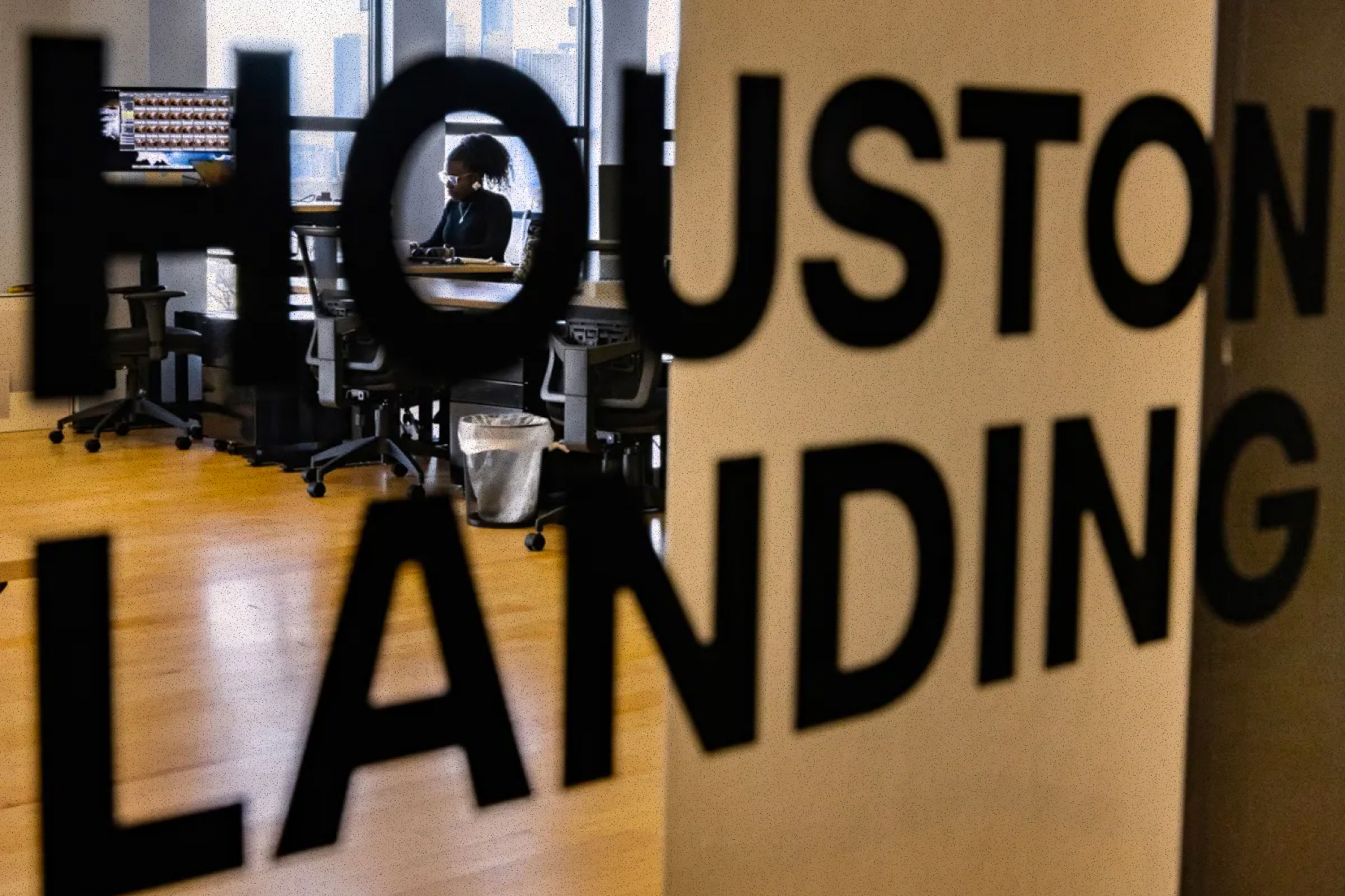 Door with the Houston Landing logo on it.