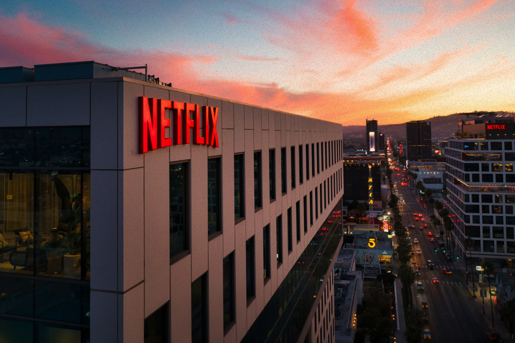 Office building featuring Netflix logo on it.